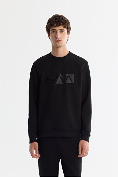 Avva Men's Black Crew Neck Cotton Printed Elastane Regular Fit Sweatshirt A42...