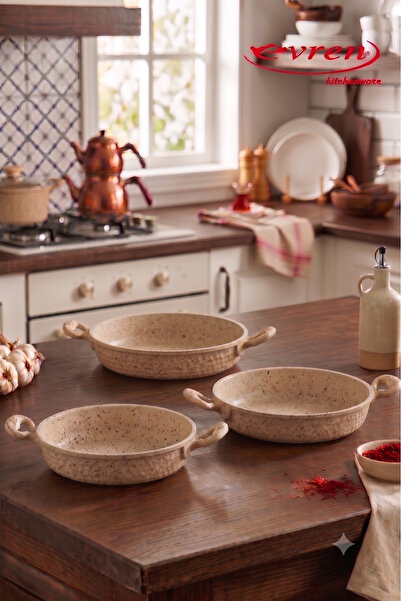 Evren Cream Granit Döküm Sahan Seti, 18-20-22 Cm Yumurta Omlet Tavası 3'lü Set