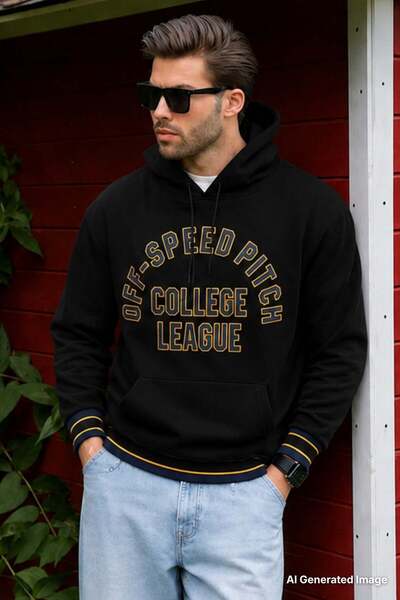 Madmext Black Hooded Pocket Detailed Printed Men's Sweatshirt 7068