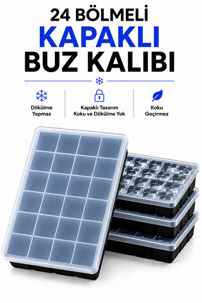 Delvos 24 Bölmeli Kapaklı Silikon Buz Kalıbı Silikon Kare Buzluk Kokteyl Sunu...
