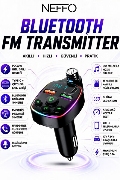 NEFFO Şarj Özellikli Dijital Göstergeli Bluetooth Fm Transmitter Çakmaklık Ye...