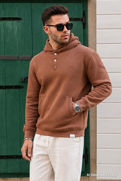Madmext Brown Hooded Button Detailed Sweatshirt 6150
