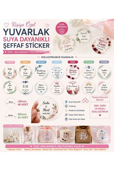 Seçkin Trend Kişiye Özel Şeffaf Suya Dayanıklı 30x30mm-Yuvarlak Etiket Sticke...