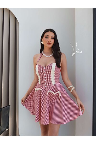 ESRAHELVACI Heart Collar Pocketed Plaid Pattern Dress