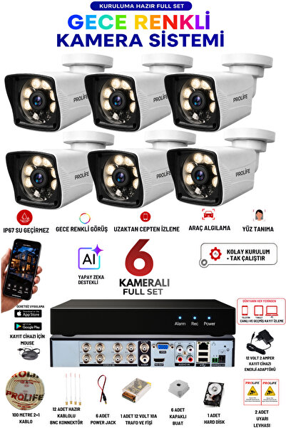 PROLİFE 6 Kameralı 5 MP Full HD Gece Renkli Yüz ve Araç Algılamalı Kuruluma H...
