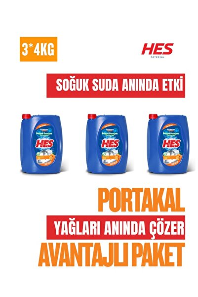 Hes Elde Bulaşık Deterjanı 4 KG x 3 Adet Portakal | Güçlü Yağ Çözücü, Soğuk S...