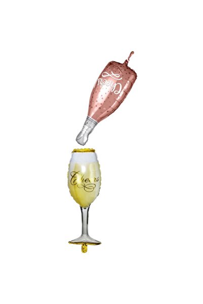 partidolu Bride Cheers Şampanya Şişesi ve Kadehi Şeklinde Folyo Balon 2 Adet