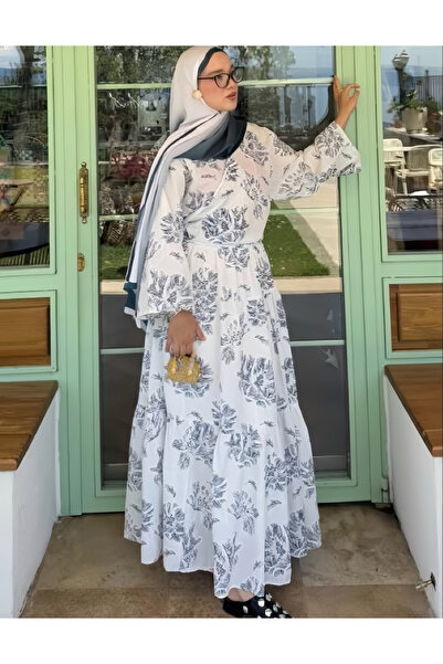 Bahar Altundemir Lina Desenli Bağlamalı Keten Kumaş İkili Tesettür Beyaz Takım