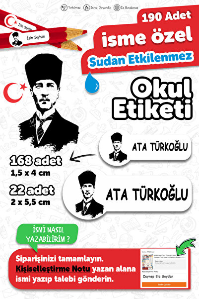 MSticker Okul Etiketi Kalem Defter Etiketi Atatürk ve Bayrak Temalı Özel Isim...