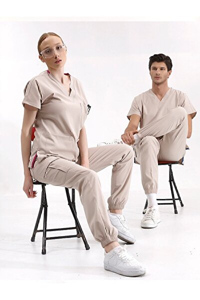 ÇİZGİ MEDİKAL Cream Color Jogger Leg Luxury Lycra Uniform Sets High Quality L...