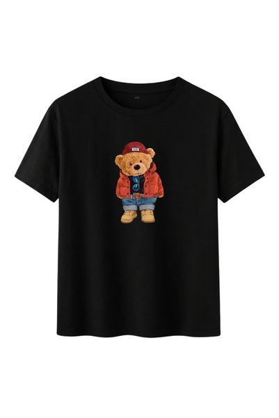 DK DAKSEL Black Color Basic Teddy Bear Red Coat Printed Women's T-Shirt