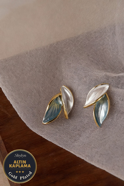 Shylyn Vintage Mavi Yaprak Küpe 925 Gümüş İğneli Altın Kaplama