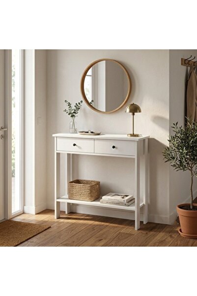 Home 90 cm Luvia Çift Çekmeceli Beyaz Dresuar Antre Siyah Düğme Kulp
