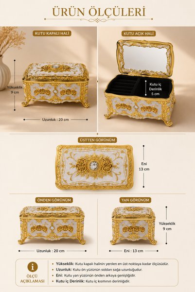 RASHA COLLECTION Gold Plated Rose Patterned Mirrored Jewelry Box Large Size
