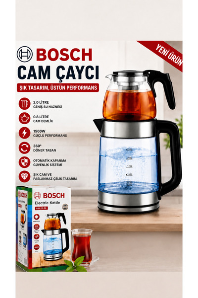 Bosch Cam Çaycı 2 Litre Elektrikli Çay Makinesi – 1500W – 0.8 L Cam Demlik – ...
