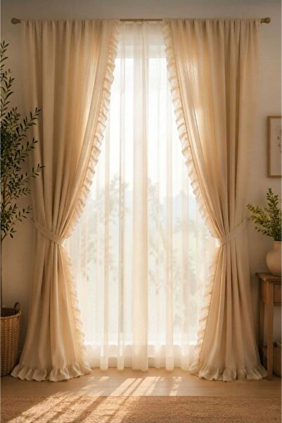 linea natura home 2 Kenar Fırfırlı Vintage Krem Keten Fon Perde Tek Kanat - K...