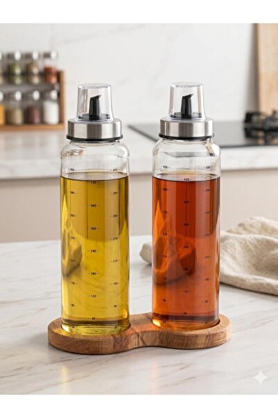 BuradaBuldun Ahşap Standlı Cam Yağdanlık Seti | Damlatmaz Kapak | 500 ml | 2 li Set