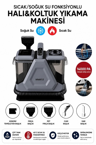 Whirtz Sıcak/Soğuk Su Fonksiyonlu Halı ve Koltuk Yıkama Makinesi - Leke Çıkar...