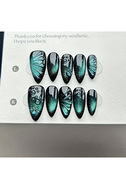 Choice3 S 10pcs High-end Dark green cat-eye butterfly handmade fake nails, Da...
