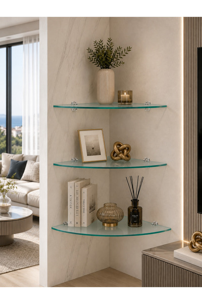 Decorita 3'lü Takım Satina Cam Köşe Duvar Rafı