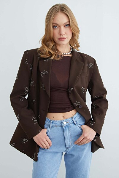 Fulla Moda Bow-Tie and Stone-Decorated Single-Button Jacket