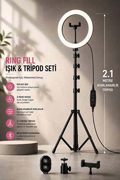 GudeX 2.1 Metre Profesyonel Ring Light Tripod Seti 26CM LED Işık Bluetooth Ku...