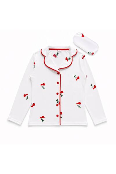 Fil Kids Mother-Daughter Cotton Milan Fabric White Cherry Pattern Shirt Collar Buttoned Sleep Band Pajama Set