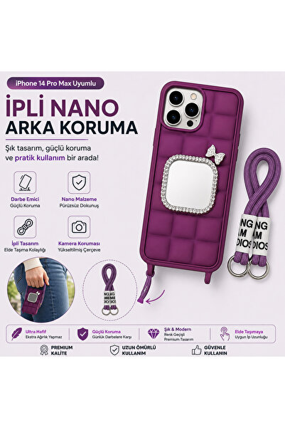 Nettech iPhone 14 Pro Max Uyumlu Taş Detaylı Askılı Kılıf – Şık Premium Silik...
