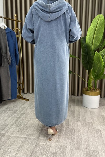 mercan moda BENGÜ TUNİK Kot Kumaş Kadın Açık Mavi Düğme Ve Cep Detaylı Kolları Lastikli Uzun Tunik
