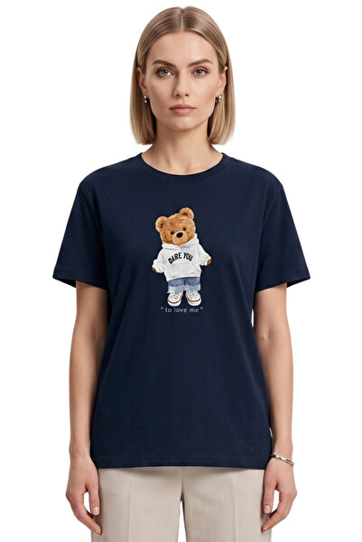 DK DAKSEL Women's Oversize Teddy Bear Printed Loose Navy Blue T-Shirt