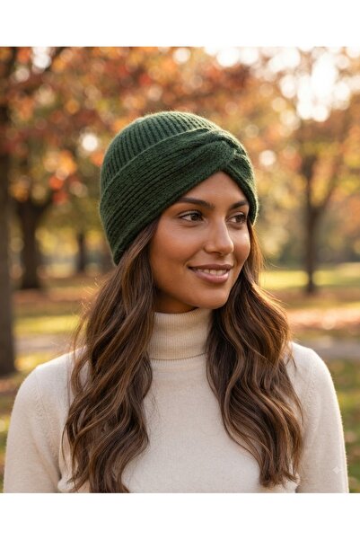 Fonem Women's Turban Beanie Fo 2570 Green Cross Front Model, Ribbed Knit and ...