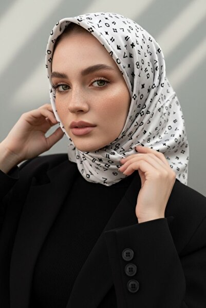 Vissona 100% Twill Silk Crispy Motif Patterned Cream - Black Colored 90X90 Sc...