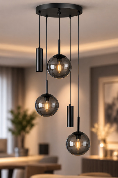 VENON RANA Yuvarlak 5.li SİYAH ❤️ 2 Spot Led ❤️ 3 FÜME Glop Camlı ❤️Modern Sı...