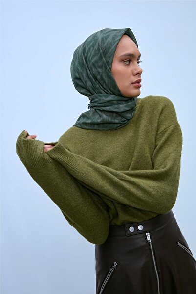 Silk Home Soft Cotton Scarf Dark Green Grass Tone Geometric Patterned Lightly...