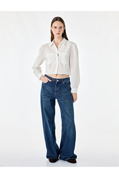 Koton Viscose Fabric Regular Fit Long Sleeve Pocketed Waist Accent Crop Shirt
