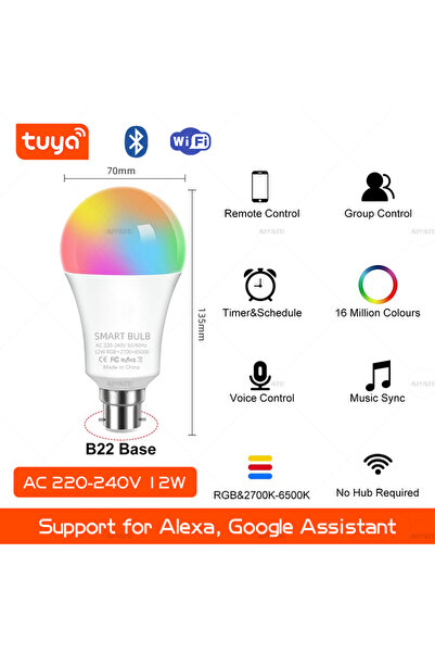 Choice Yes WIFI 220V B22 12W UK B22 Base TUYA Wifi Smart Bulb Bluetooth Lamps...