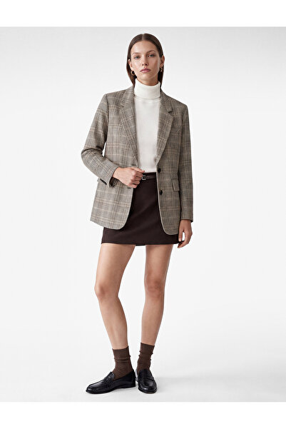 Koton Button down Long Sleeve Double Breasted Plaid Blazer Jacket with Pockets