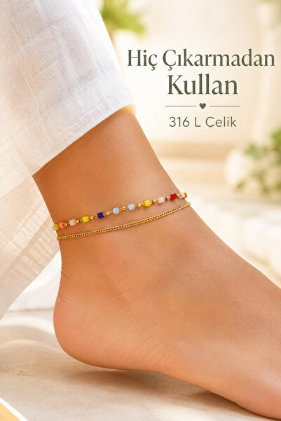 Sacce Scarves&Accessories Multicolored Steel Anklet with Cube Beads