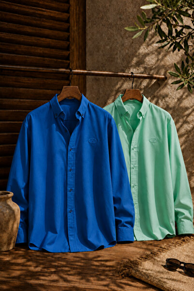 Respire Men's Minimal Printed Oversize Textured Shirt Set of 2 Blue-Green