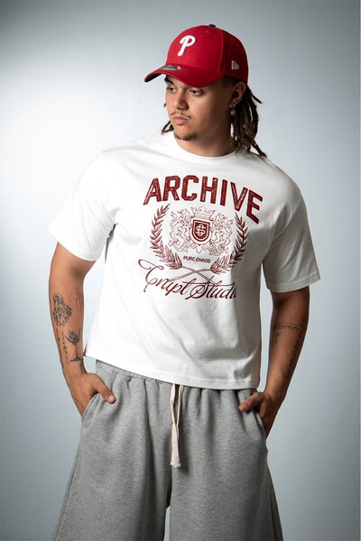 Crupt Studio Ανδρικό T-shirt The Archive Lion Beyaz Boxy Crop