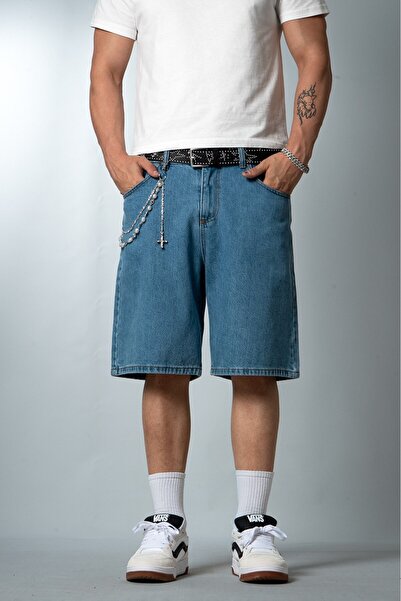 UKHWD SUPPLY Light Blue Baggy Denim Urban Jort Men's Shorts Uk1450Mva