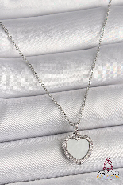 Generic Brand 316L Steel Silver Color Chain Zircon Stone White Enamel Heart M...