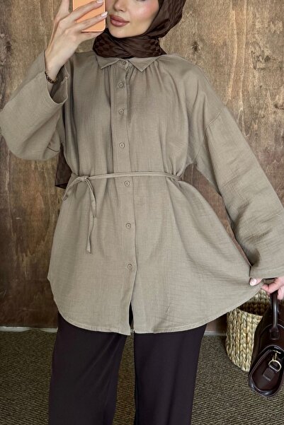 HYWONA Women's 100% Cotton Muslin Oversize Hijab Shirt Tunic Light Brown