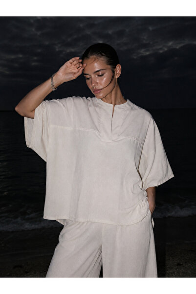 ŞERİCE Women's Beige Linen Oversize (Relaxed Fit) Shirt and Wide-Leg Pants Tw...