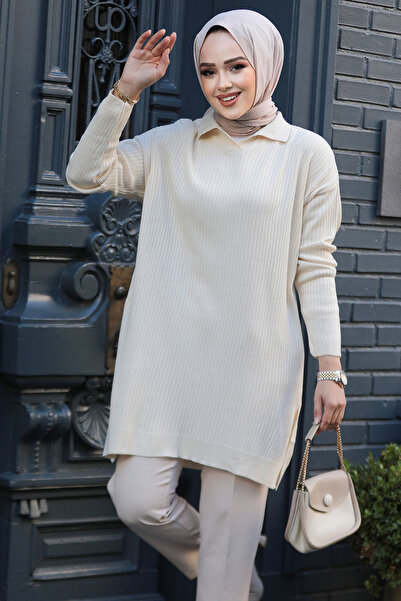 Neva Style Corded Fabric Cream Hijab Knitwear Tunic 65903Kr