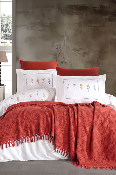 Elart Daisy Pike Bedspread 100% Cotton with Tassels (220X240 cm) Cinnamon