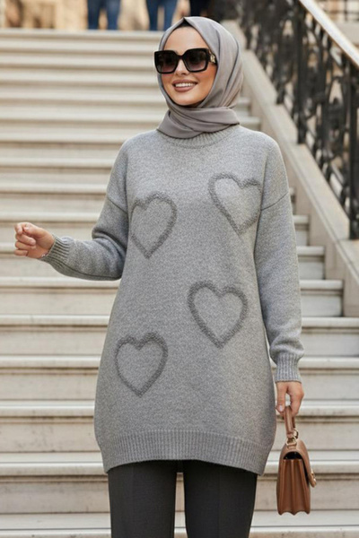 N.S NEVA STYLE Heart Patterned Gray Hijab Knitwear Sweater 8802Gr