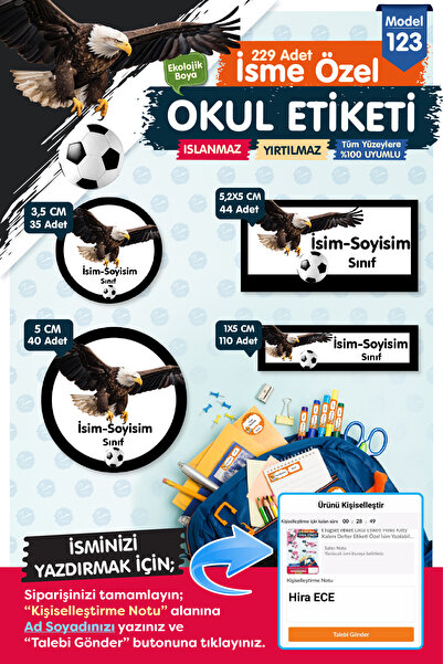 t tuğset etiket Okul Etiketi Kartal Temalı Siyah Beyaz Kalem Defter Etiketi Ö...
