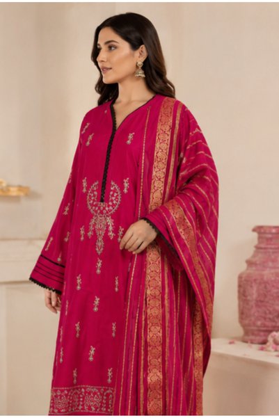 6TEEN Elegant Magenta Embroidered 3-Piece Suit with Printed Dupatta