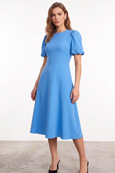 Ceylen Crew Neck Balloon Sleeve Midi Length A-Line Dress